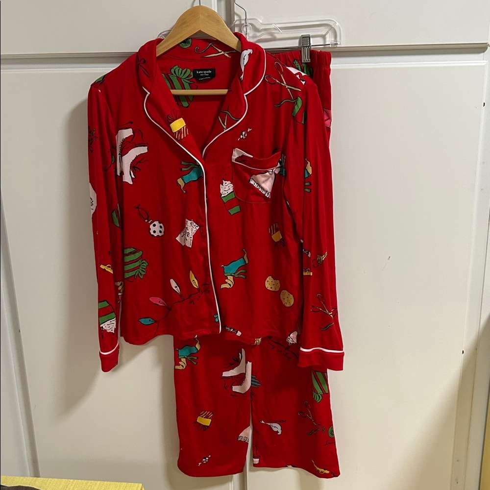 Kate Spade Red Winter Fun Motif Long Sleeve Top Pants Pajama Set Small